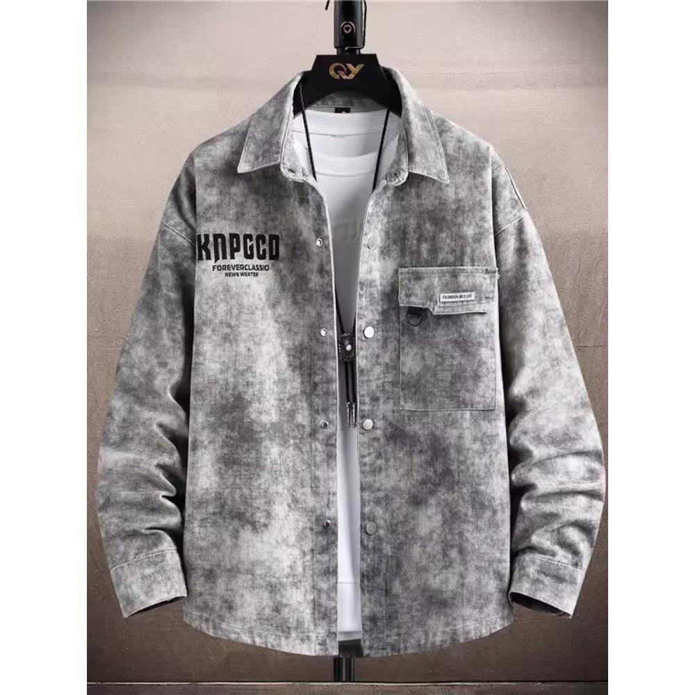 美式复古宽松牛仔外套男春秋季纯棉长袖衬衫扎染印花夹克工装上衣