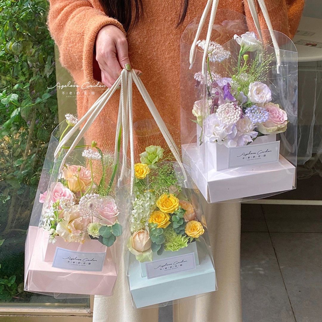 女神节pvc手提袋花盒网红diy插花盒透明花袋花艺折叠鲜花包装盒