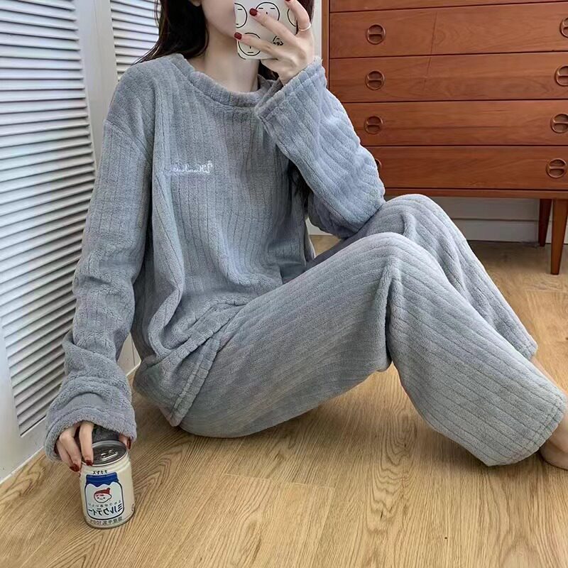 睡衣秋冬家居服可外穿简约暖暖裤珊瑚绒加大码休闲宽松女保暖套装