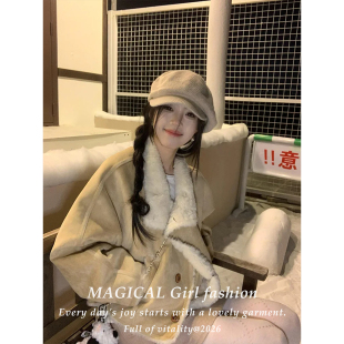 皮毛一体羊羔绒长袖外套女款秋冬季韩系高级感麂皮绒加厚保暖上衣