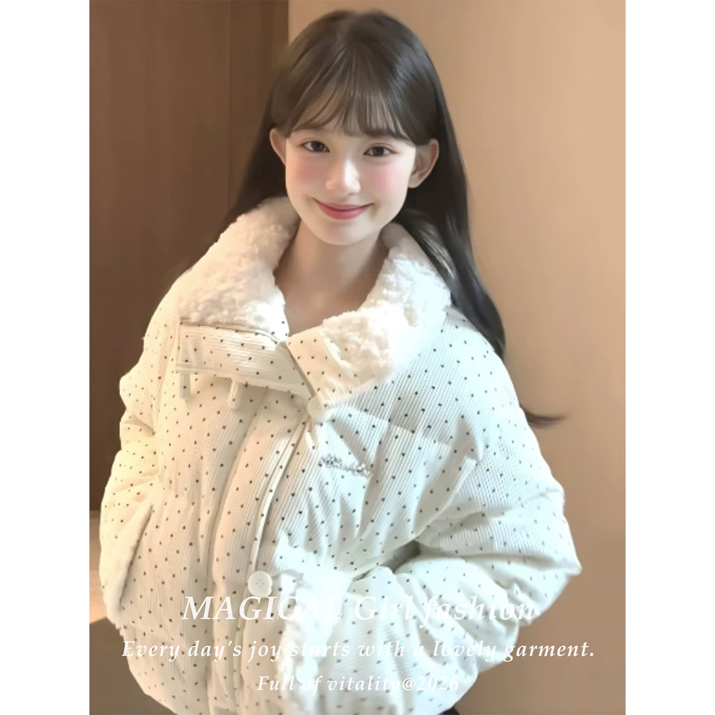 巨好看甜美波点棉服长袖外套女款秋冬季灯芯绒加厚保暖夹棉面包服
