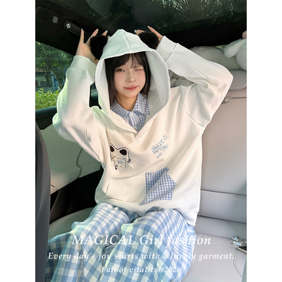 日系可爱卡通刺绣纯棉连帽卫衣女