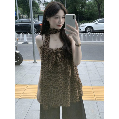 美式复古辣妹豹纹吊带背心上衣女