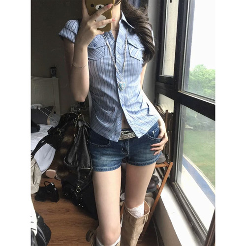 韩系掐腰肌理感条纹衬衫上衣女夏