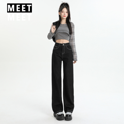 黑色小个子窄版阔腿牛仔裤女
