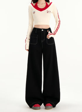 黑色高腰前口袋阔腿牛仔裤女2025新品宽松显瘦梨型身材遮胯直筒裤