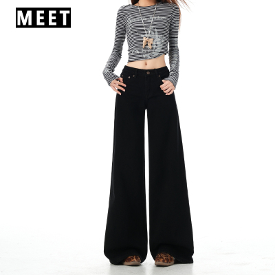 黑色低腰宽松垂感阔腿牛仔裤女