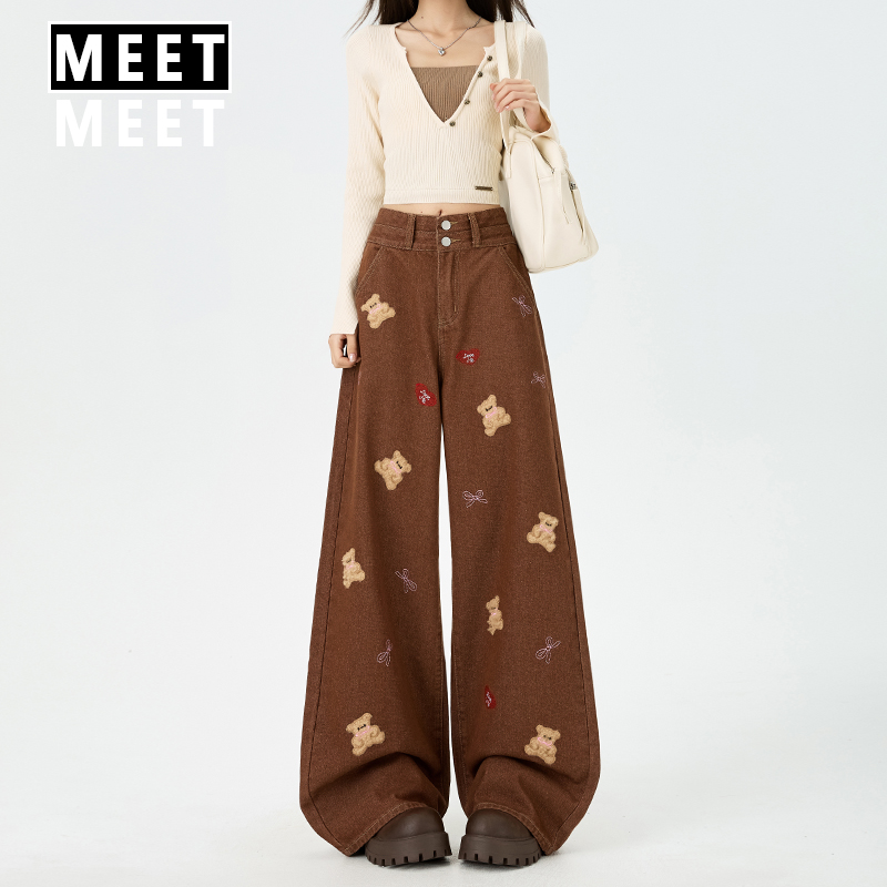 美拉德小熊刺绣阔腿牛仔裤女