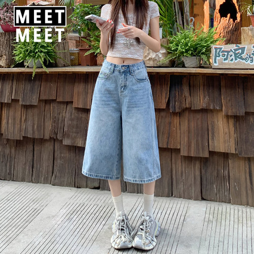复古慵懒高腰七分阔腿牛仔裤女
