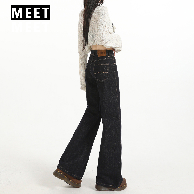 美式复古中高腰微喇牛仔裤女秋