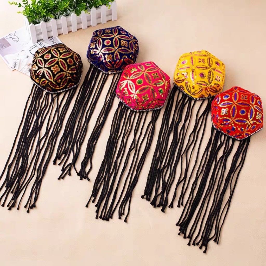 新疆舞帽子维吾尔族帽男女民族舞蹈帽演出服头饰六角带辫子亮片帽