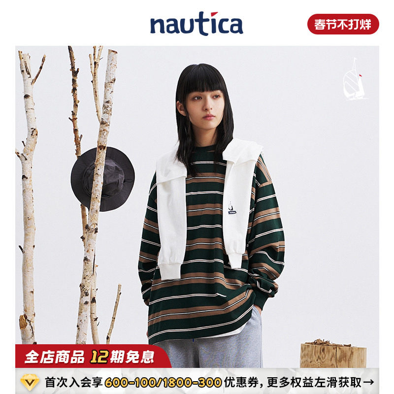 【明星同款】nautica白帆日系中性纯棉宽松海魂条纹圆领T恤TW3323