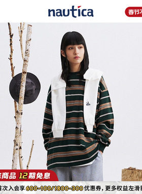 【明星同款】nautica白帆日系中性纯棉宽松海魂条纹圆领T恤TW3323