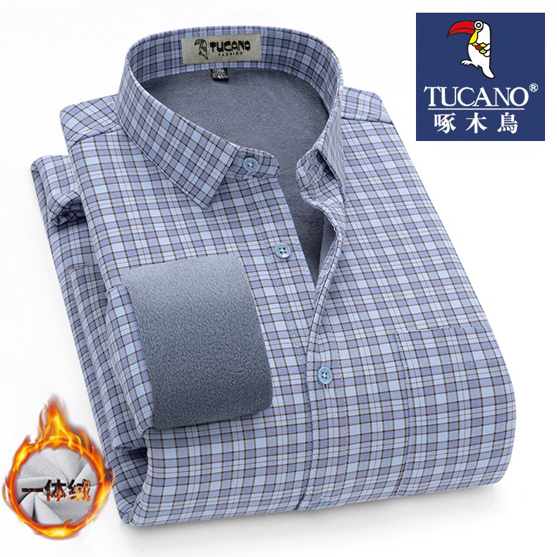 啄木鸟纯棉格子加绒衬衫男长袖