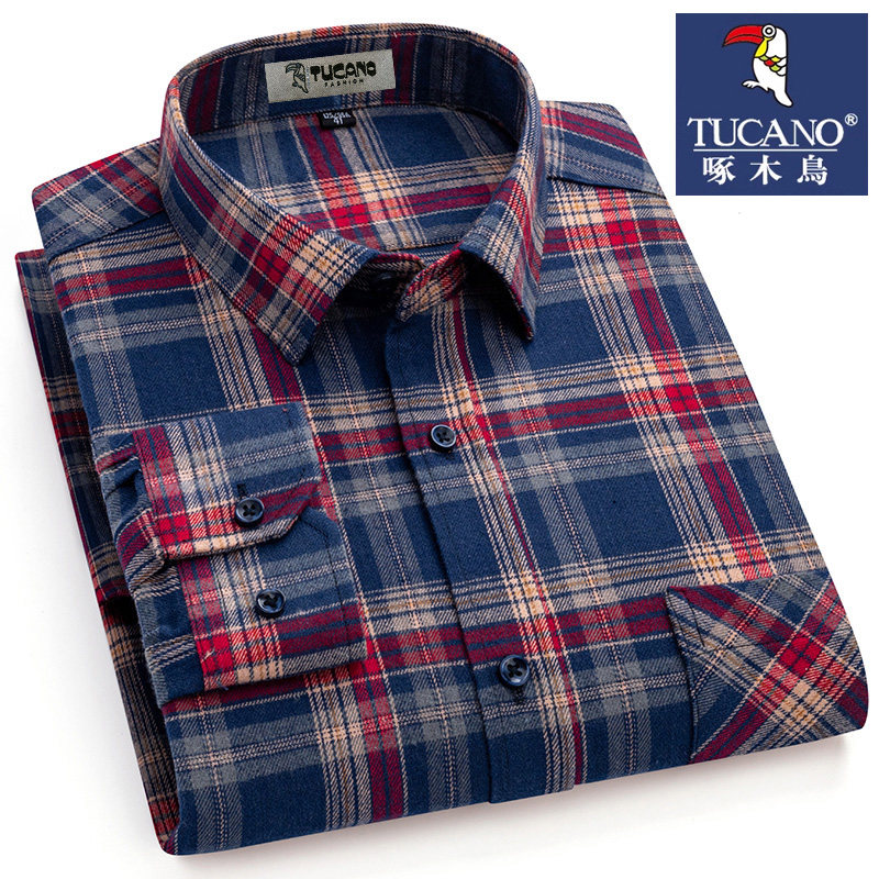 啄木鸟男式秋冬款长袖衬衫纯棉磨毛格子大码衬衣商务休闲透气上装
