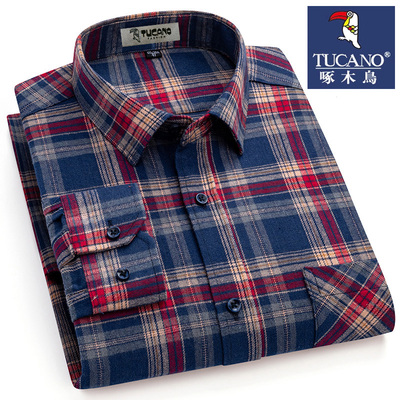 啄木鸟男秋冬纯棉磨毛格子长袖衬