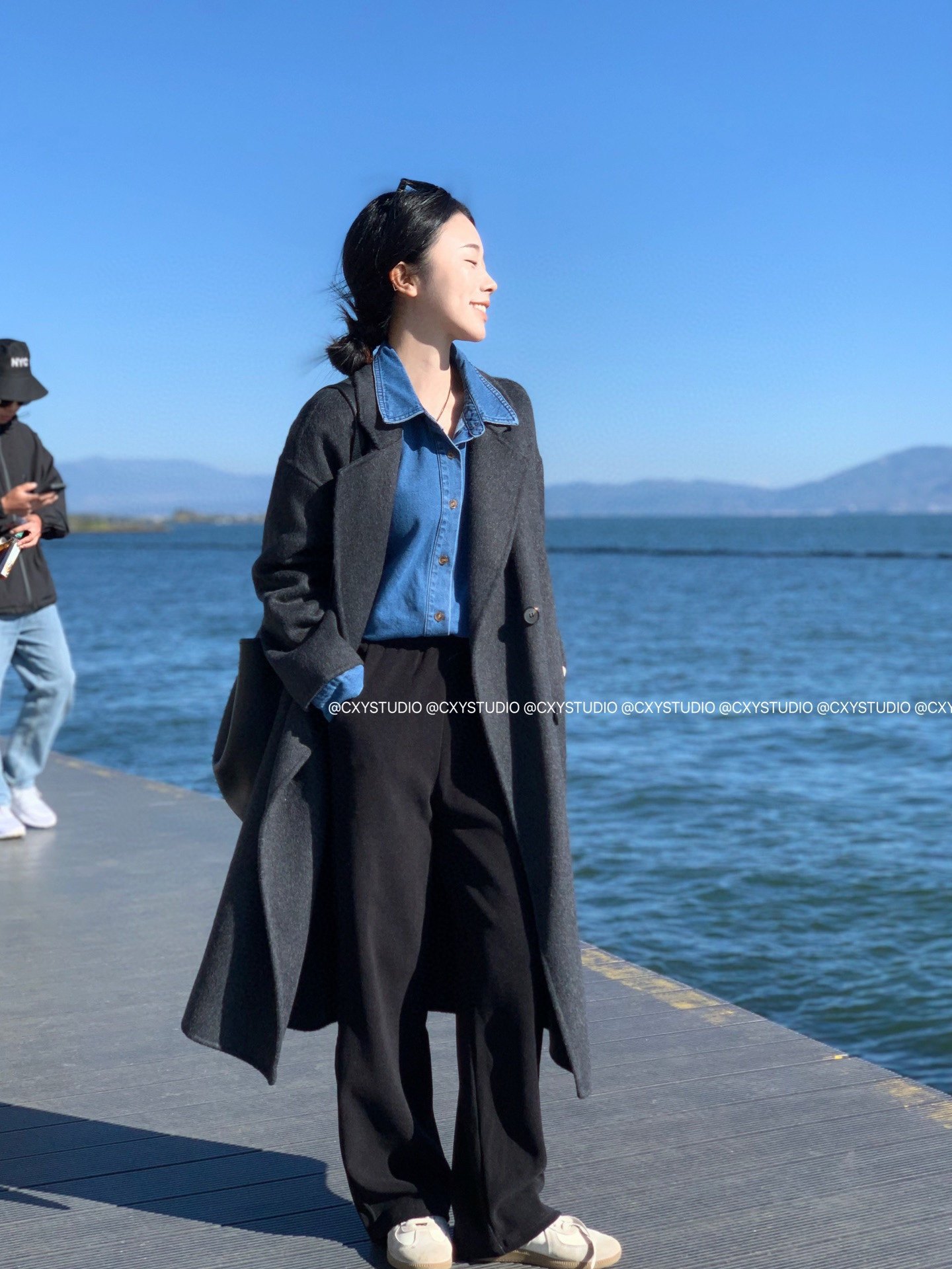 陈可爱 爆款福利万年经典不过时炭黑色四粒扣双面羊毛大衣外套