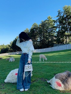 女通勤牛仔阔腿裤 陈可爱2025秋新款 小个子蓝色线条感设计牛仔裤