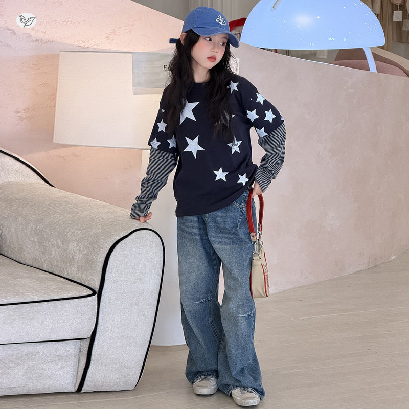 女童早秋假两件打底衫套装2026秋新款中大童星星卫衣牛仔裤两件套