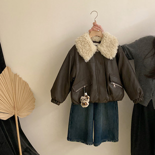 女童韩系洋气毛领加绒夹克2025秋冬季新款九分加绒牛仔裤两件套潮