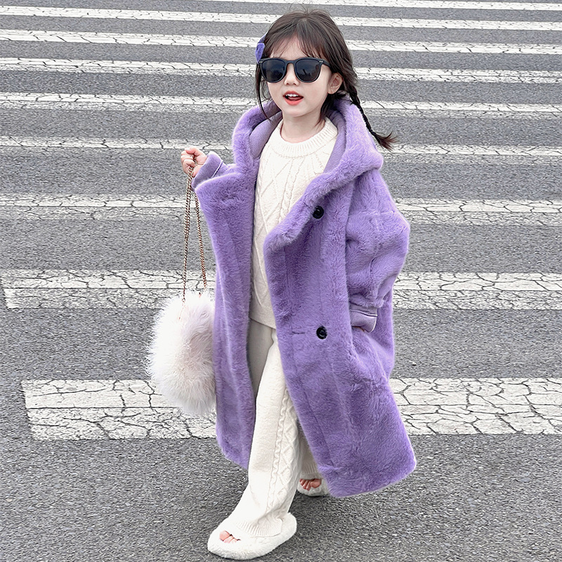 儿童皮草外套泰迪连帽加厚中长款水貂绒男女童仿皮毛一体皮草大衣