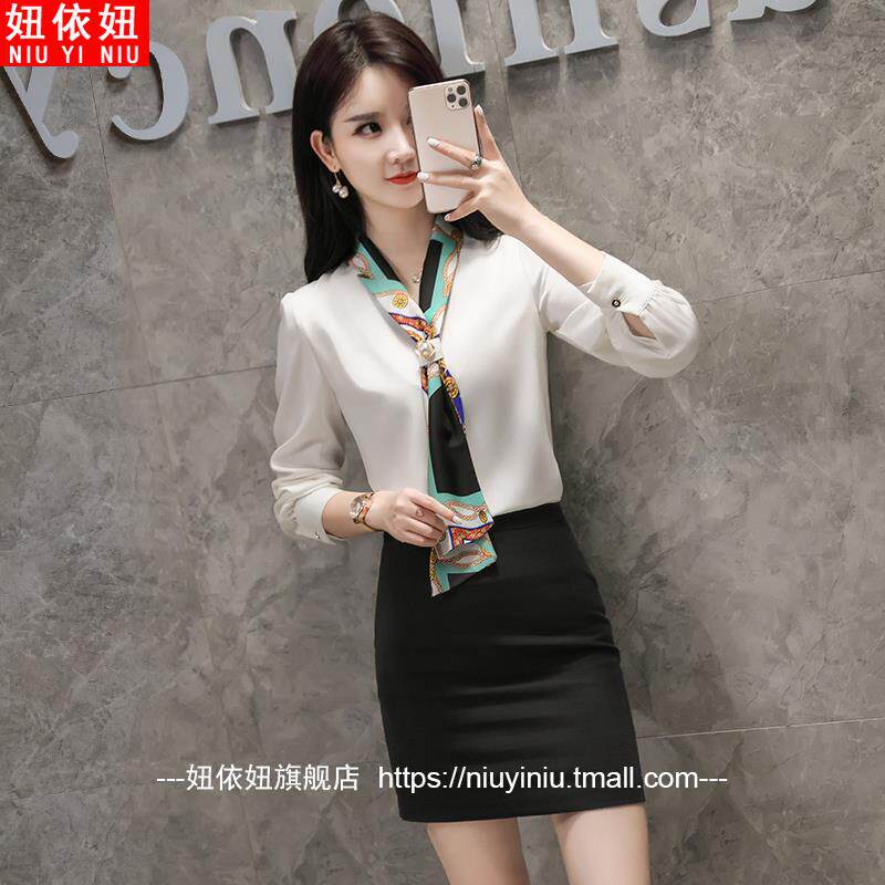 雪纺衬衫女设计感小众时尚洋气飘带春秋气质面试缎面系带职业衬衣