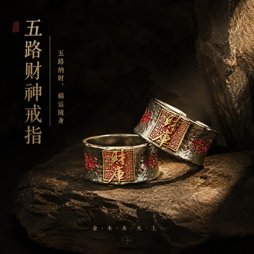 道系文创财库铜戒指复古做旧招财进宝国潮男款指环原创道系饰品