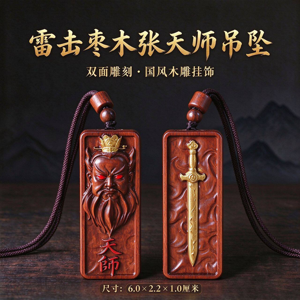 雷击枣木张天师吊坠双面雕刻宝剑挂饰男女随身项链车挂国风无事牌