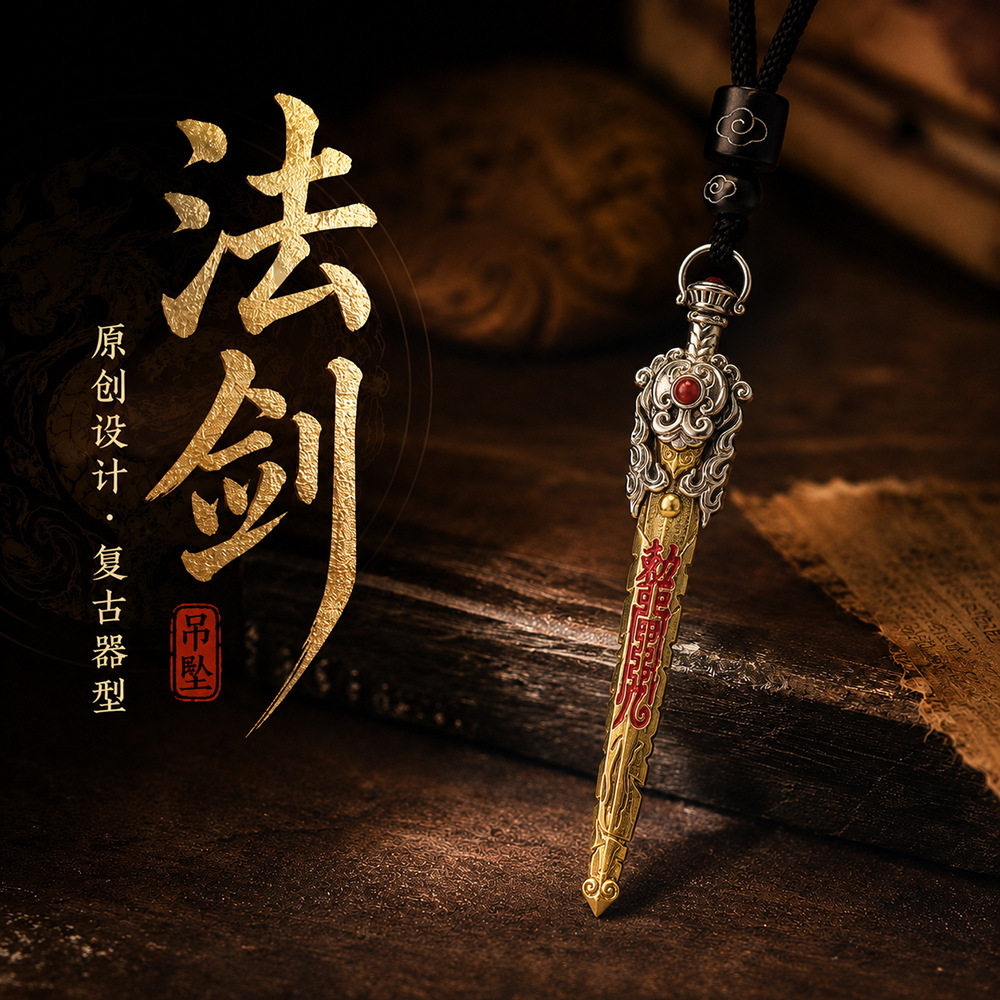 道系文创饰品法剑吊坠原创复古器型项链南红镶嵌道系青年随身配饰