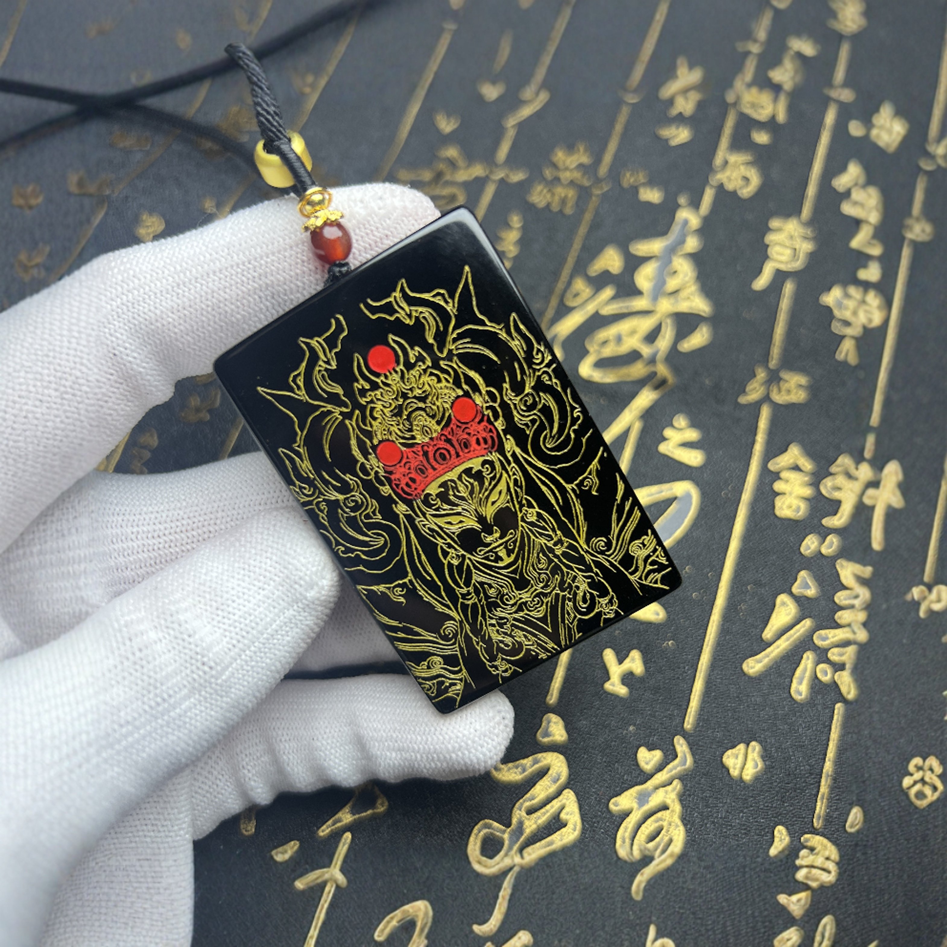 黑曜石白鹤童子圣吊坠雕刻五雷项链吊坠车挂保平安牌定制送礼护身