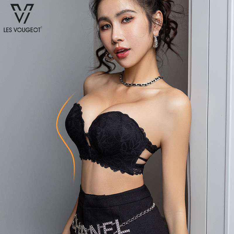 无肩带聚拢内衣女小胸显大前扣美背文胸隐形防滑蹦跳不掉性感蕾丝