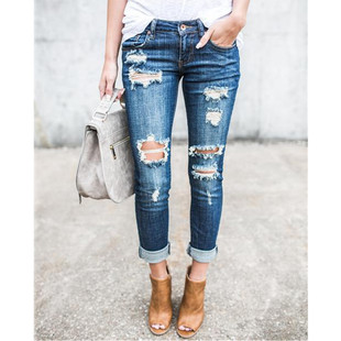 2022 Pencil 破洞牛仔裤 Slim 个性 Shredded Cuffed New Jeans