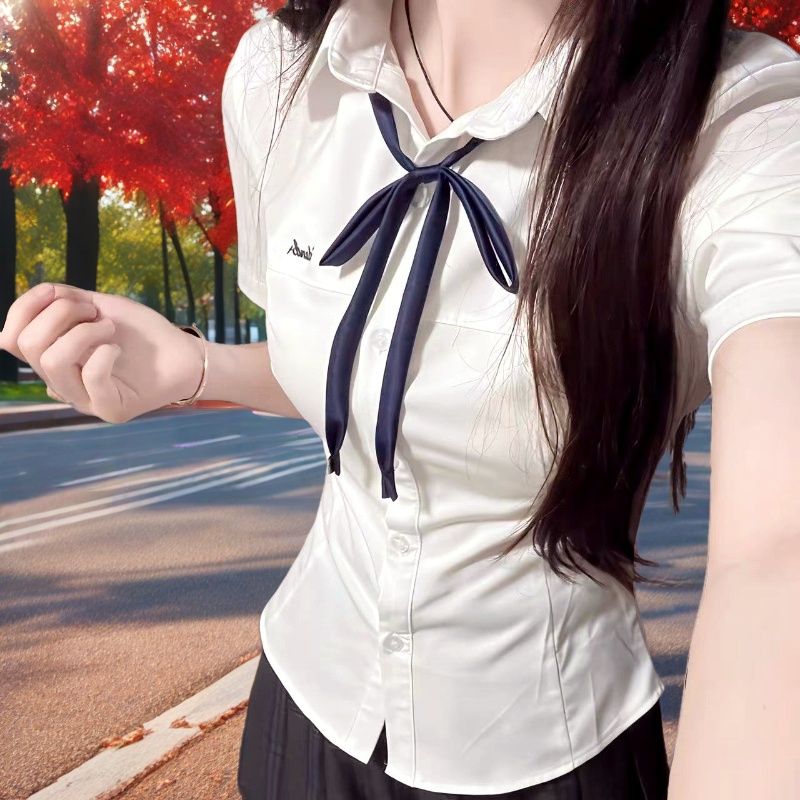 jk收身短袖小岛原创收腰显瘦女百搭学院风制服衬衫修身款白色衬衣