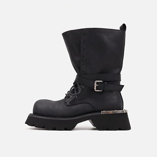 notdetailed原创 暗黑工装靴复古中筒短靴圆头厚底马丁靴男女同款