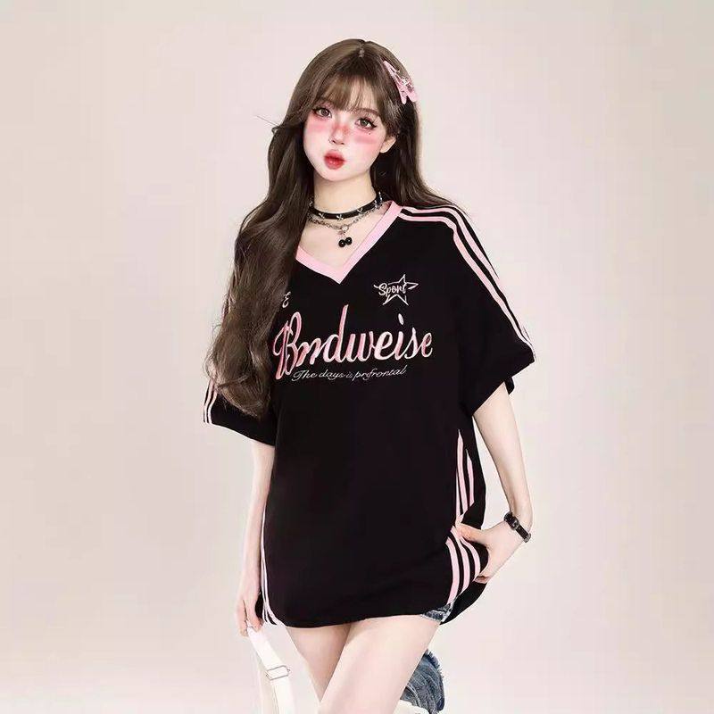 设计感撞色条纹拼接V领短袖t恤女夏季美式复古宽松纯棉正肩上衣潮,女装/女士精品,T恤,淘宝优惠券,粉丝福利购,淘宝优惠卷