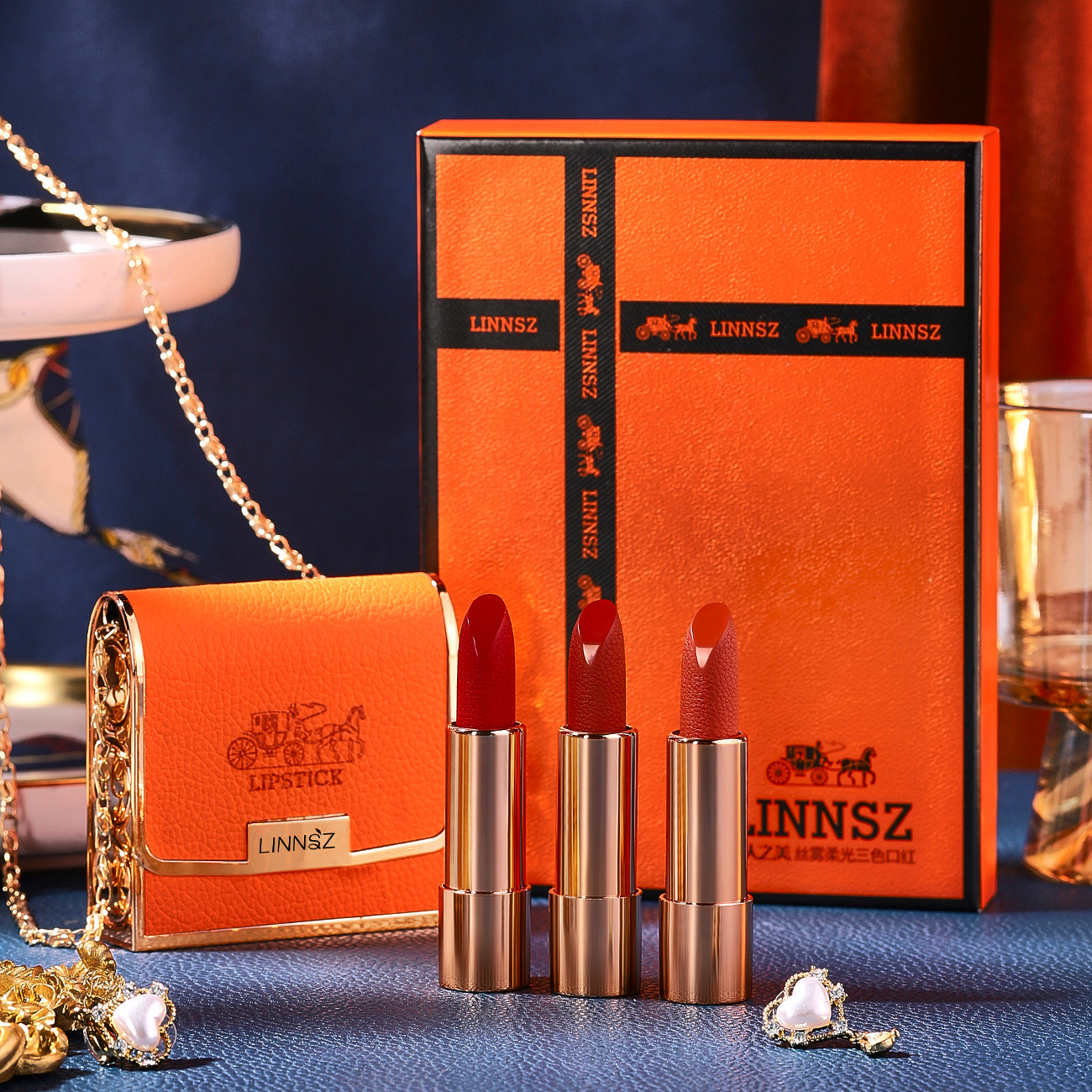 橙人之美项链包包口红三支套盒哑光丝绒雾面持久不沾杯不易掉色