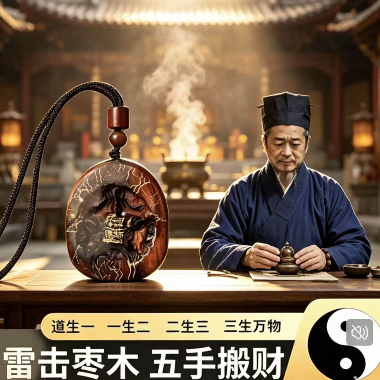 【龙虎山直发】道家工艺真雷击枣木五手搬宝雕刻雷焦雷痕圆牌挂件