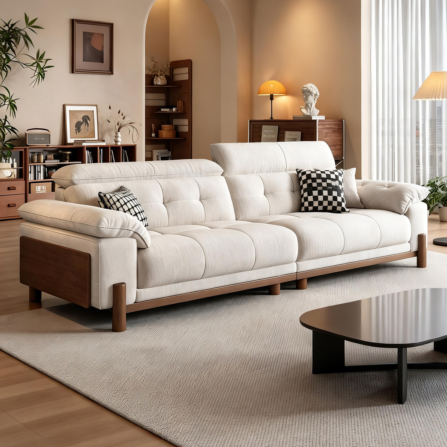 上进中古风布艺沙发奶油实木枫颂小户型客厅简约雪尼尔可拆洗沙发