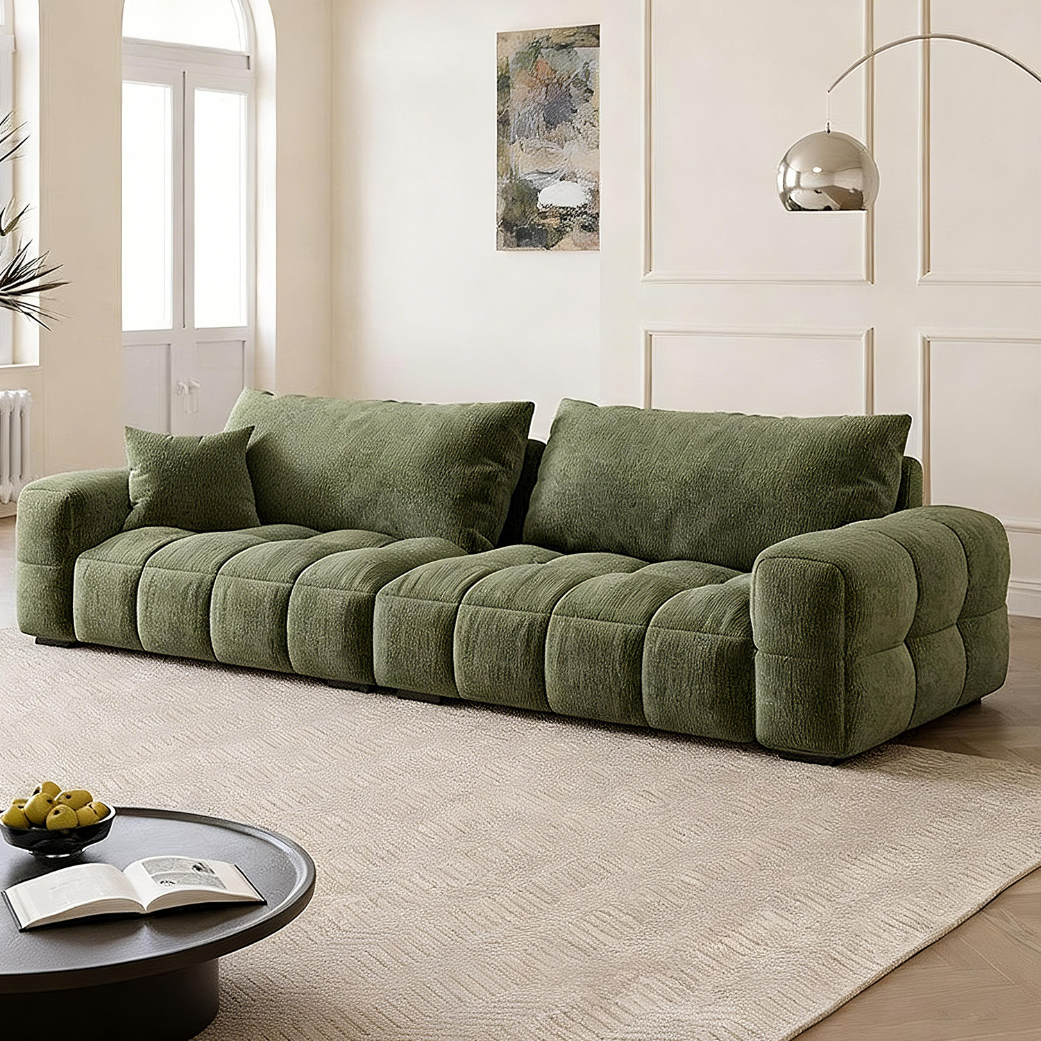 2026新款雪尼尔布艺沙发客厅法式三人位奶油风棉花糖直排泡芙沙发