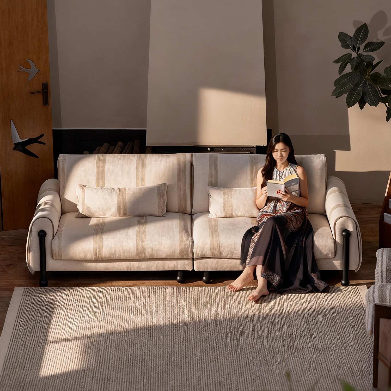 上进中古复古条纹实木客厅小户型直排可拆洗棉麻亚麻原野布艺沙发