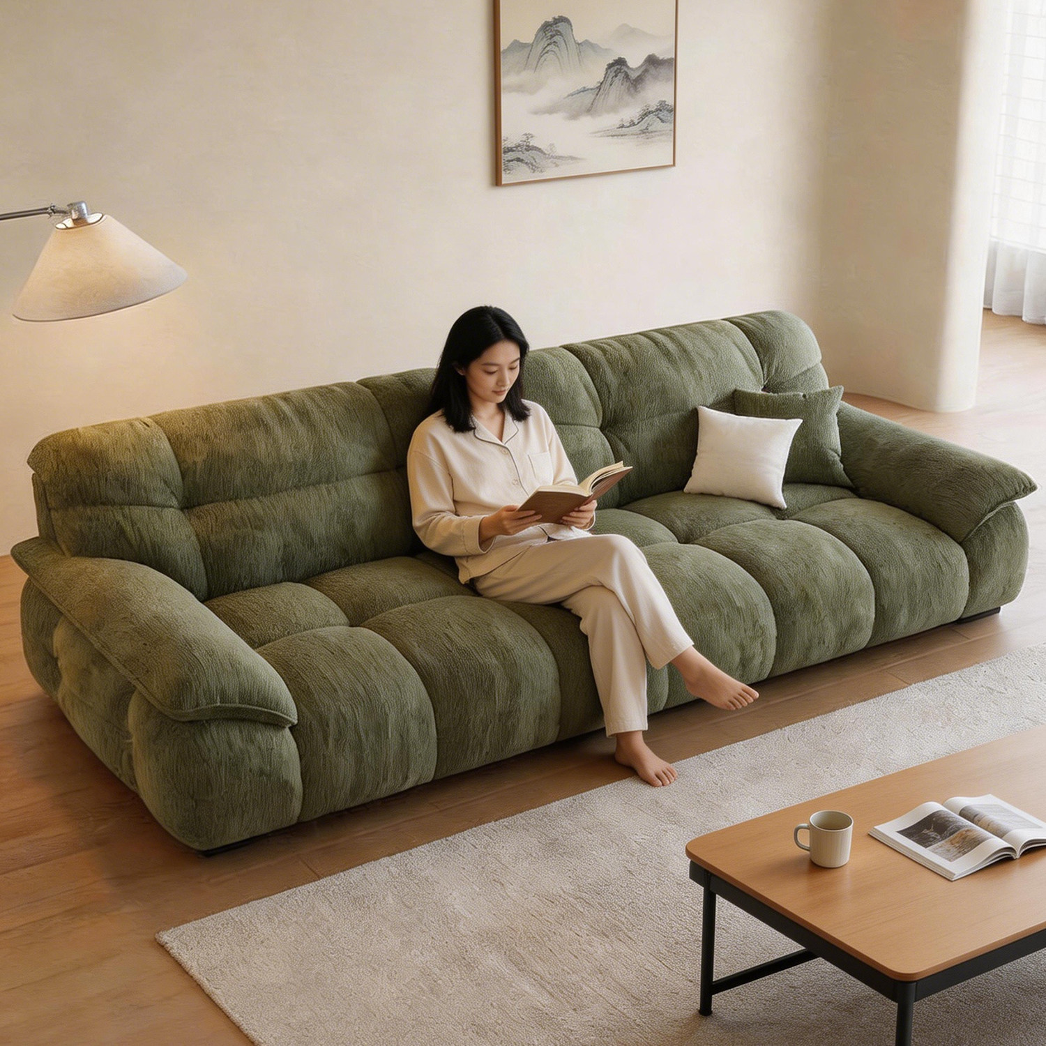 上进布艺沙发新款大坐深复古云朵直排奶油风客厅双人布雪尼尔沙发