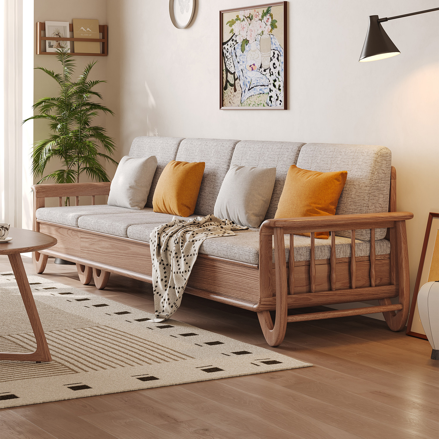 政府专用冬夏两用转角沙发新中式北欧小户型直排高箱储物实木沙发