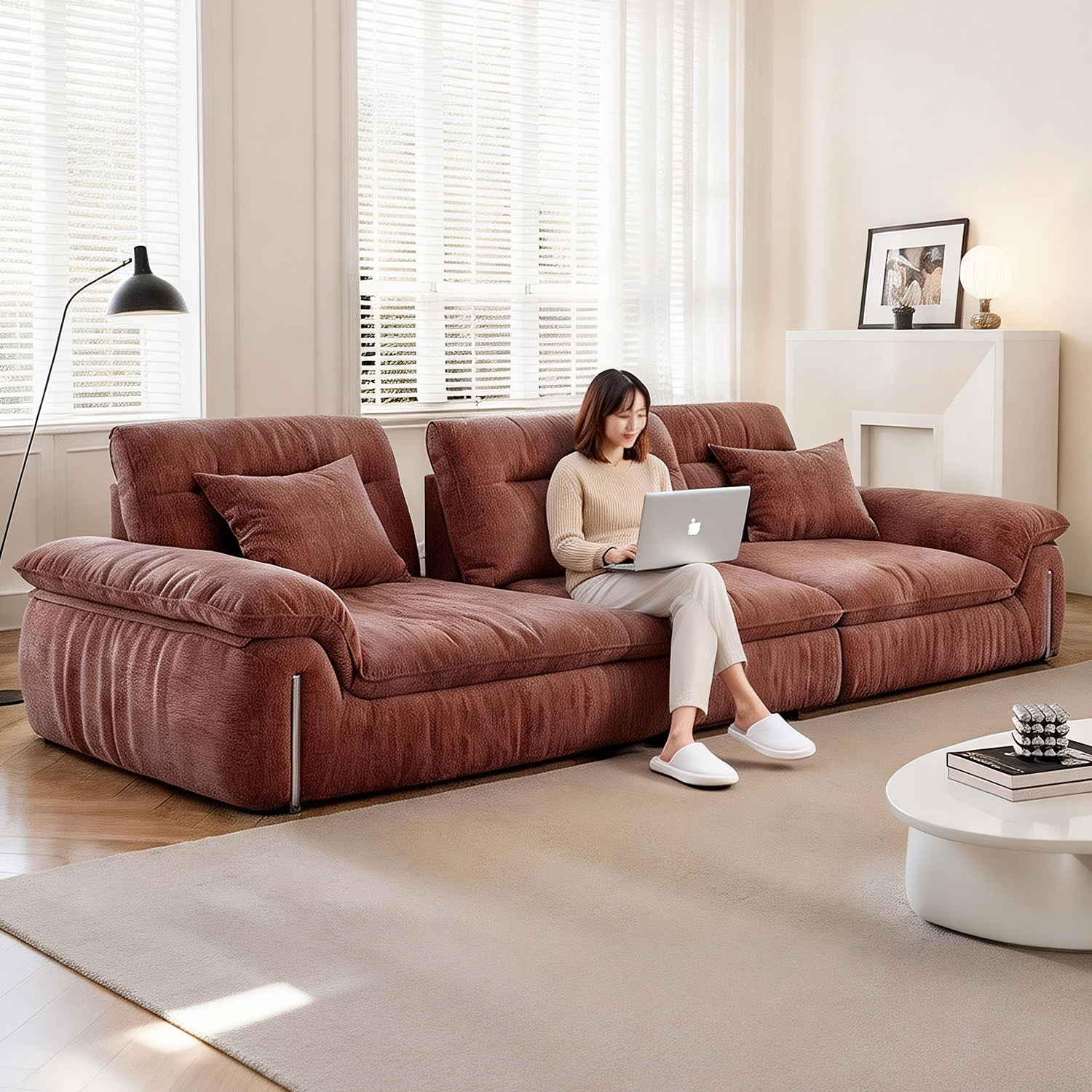 上进全拆洗中古风可调节甜柿子布艺沙发靠背雪尼尔小户型客厅直排