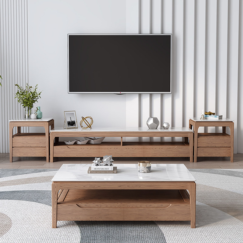 岩板茶几北欧大理石小户型家用现代简约白蜡木实木茶几电视柜组合