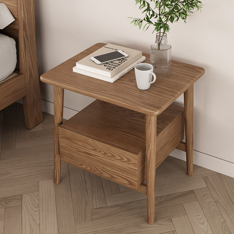 现代简约实木床头柜北欧卧室床边收纳储物柜置物架白蜡木小柜子