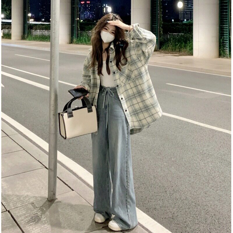 美式复古绿色格子衬衫女春秋装季2023年新款chic港味上衣薄款外套