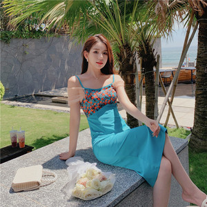 RM20186#新款设计感网纱袖吊带连衣裙收腰显瘦碎花拼接开叉长裙子