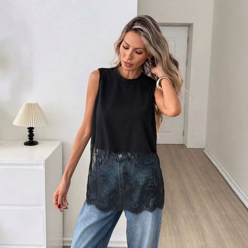无袖蕾丝拼接女士上衣Sleeveless lace patchwork women's top