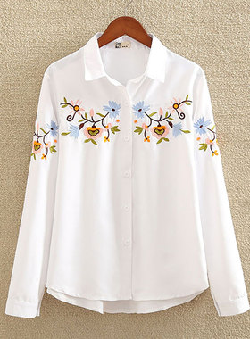 WhiteEmbroidered lapel long sleeve shirt白色刺绣翻领长袖衬衣