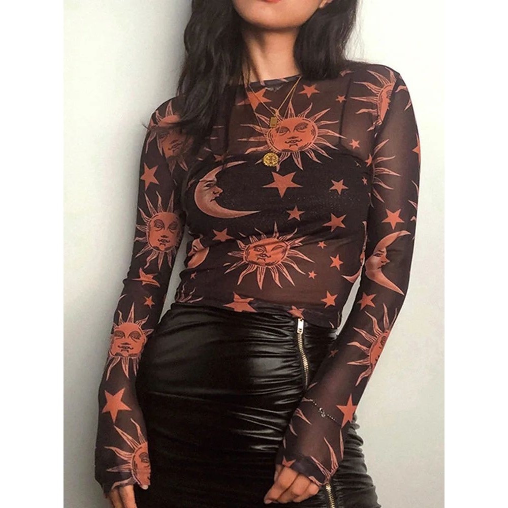 网纱镂空印花长袖露脐打底衫Mesh printed cropped bottom shirt